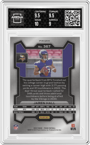 Jaren Hall from the 2023 Panini Prizm set featuring a Black/White Checker parallel graded by Arena Club and given an overall grade of 9.5.