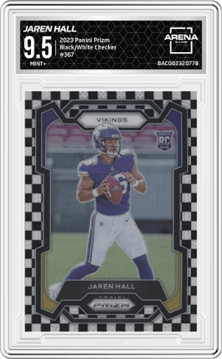 Jaren Hall from the 2023 Panini Prizm set featuring a Black/White Checker parallel graded by Arena Club and given an overall grade of 9.5.