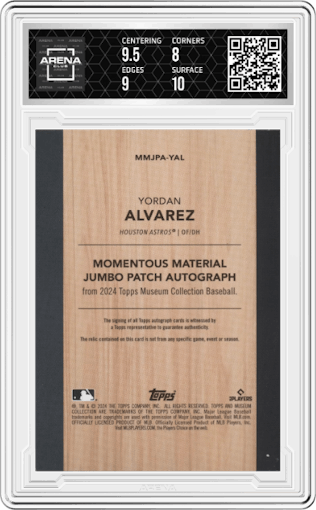 Yordan Alvarez from the 2024 Topps Museum Collection set featuring a Emerald parallel graded by Arena Club and given an overall grade of 8.5.
