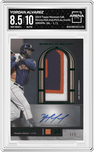 Yordan Alvarez from the 2024 Topps Museum Collection set featuring a Emerald parallel graded by Arena Club and given an overall grade of 8.5.