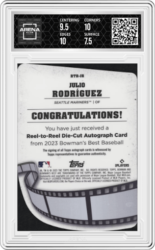 Julio Rodriguez from the 2023 Bowman's Best set featuring a Lava Refractor parallel graded by Arena Club and given an overall grade of 8.