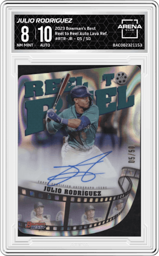 Julio Rodriguez from the 2023 Bowman's Best set featuring a Lava Refractor parallel graded by Arena Club and given an overall grade of 8.