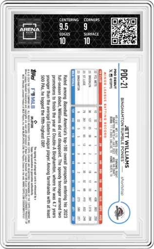 Jett Williams from the 2024 Topps Pro Debut set featuring a Orange Lava Refractor parallel graded by Arena Club and given an overall grade of 9.5.