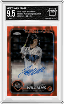 Jett Williams from the 2024 Topps Pro Debut set featuring a Orange Lava Refractor parallel graded by Arena Club and given an overall grade of 9.5.