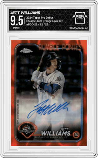 Jett Williams from the 2024 Topps Pro Debut set featuring a Orange Lava Refractor parallel graded by Arena Club and given an overall grade of 9.5.