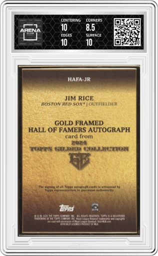 Jim Rice from the 2024 Topps Gilded Collection set featuring a Rose Gold parallel graded by Arena Club and given an overall grade of 9.