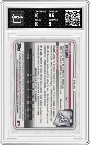 Vaughn Grissom from the 2020 Bowman Chrome set graded by Arena Club and given an overall grade of 9.5.