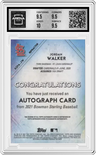 Jordan Walker from the 2021 Bowman Sterling  set featuring a Refractor parallel graded by Arena Club and given an overall grade of 10.