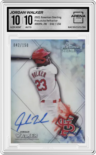 Jordan Walker from the 2021 Bowman Sterling  set featuring a Refractor parallel graded by Arena Club and given an overall grade of 10.
