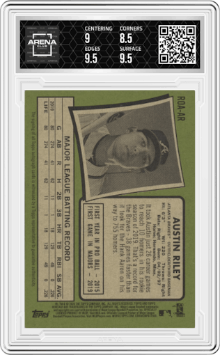 Austin Riley from the 2020 Topps Heritage set graded by Arena Club and given an overall grade of 9.