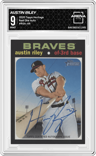 Austin Riley from the 2020 Topps Heritage set graded by Arena Club and given an overall grade of 9.