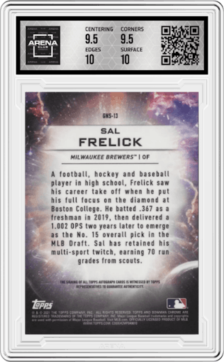 Sal Frelick from the 2021 Bowman Draft set graded by Arena Club and given an overall grade of 10.