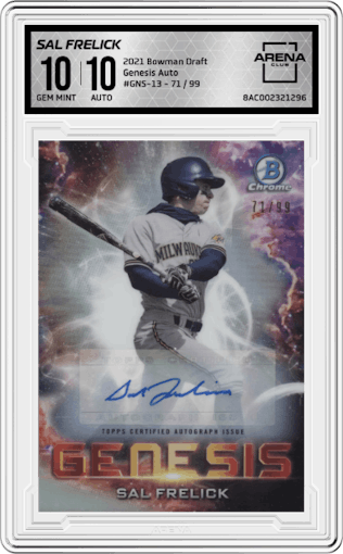 Sal Frelick from the 2021 Bowman Draft set graded by Arena Club and given an overall grade of 10.