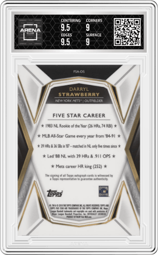 Darryl Strawberry from the 2019 Topps Five Star set featuring a Green parallel graded by Arena Club and given an overall grade of 9.5.