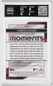 Yordan Alvarez from the 2023 Topps Finest set graded by Arena Club and given an overall grade of 9.5.