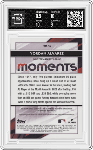 Yordan Alvarez from the 2023 Topps Finest set graded by Arena Club and given an overall grade of 9.5.