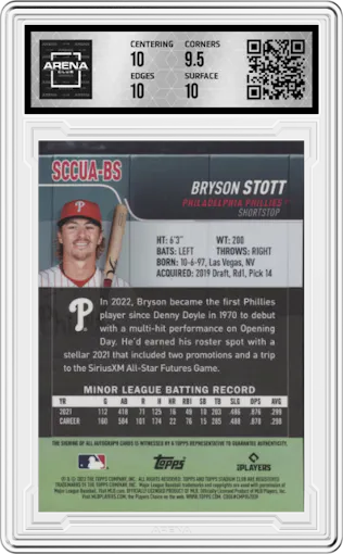 Bryson Stott from the 2022 Stadium Club Chrome set graded by Arena Club and given an overall grade of 10.