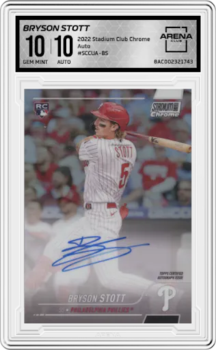 Bryson Stott from the 2022 Stadium Club Chrome set graded by Arena Club and given an overall grade of 10.