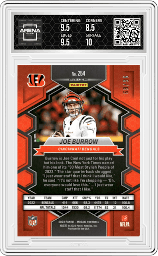 Joe Burrow from the 2023 Panini Mosaic set featuring a Blue Sparkle parallel graded by Arena Club and given an overall grade of 9.