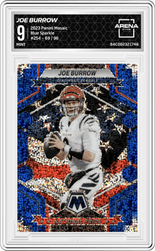 Joe Burrow from the 2023 Panini Mosaic set featuring a Blue Sparkle parallel graded by Arena Club and given an overall grade of 9.