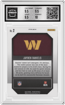Jayden Daniels from the 2024 Panini Prizm set featuring a Green Prizm parallel graded by Arena Club and given an overall grade of 10.