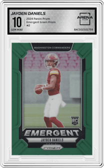 Jayden Daniels from the 2024 Panini Prizm set featuring a Green Prizm parallel graded by Arena Club and given an overall grade of 10.