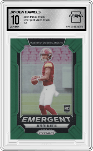 Jayden Daniels from the 2024 Panini Prizm set featuring a Green Prizm parallel graded by Arena Club and given an overall grade of 10.