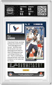 C.J. Stroud from the 2023 Panini Contenders set featuring a Green Laser parallel graded by Arena Club and given an overall grade of 9.