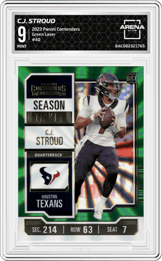C.J. Stroud from the 2023 Panini Contenders set featuring a Green Laser parallel graded by Arena Club and given an overall grade of 9.