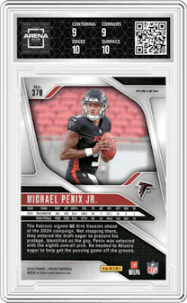 Michael Penix Jr. from the 2024 Panini Prizm set featuring a Red/White/Blue Prizm parallel graded by Arena Club and given an overall grade of 9.5.