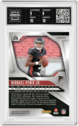 Michael Penix Jr. from the 2024 Panini Prizm set featuring a Red/White/Blue Prizm parallel graded by Arena Club and given an overall grade of 9.5.