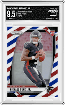 Michael Penix Jr. from the 2024 Panini Prizm set featuring a Red/White/Blue Prizm parallel graded by Arena Club and given an overall grade of 9.5.
