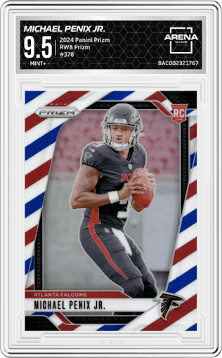 Michael Penix Jr. from the 2024 Panini Prizm set featuring a Red/White/Blue Prizm parallel graded by Arena Club and given an overall grade of 9.5.