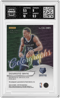 Desmond Bane from the 2023-24 Panini Spectra set featuring a Gold parallel graded by Arena Club and given an overall grade of 9.5.