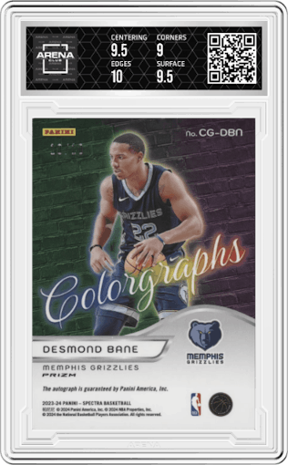Desmond Bane from the 2023-24 Panini Spectra set featuring a Gold parallel graded by Arena Club and given an overall grade of 9.5.