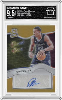 Desmond Bane from the 2023-24 Panini Spectra set featuring a Gold parallel graded by Arena Club and given an overall grade of 9.5.