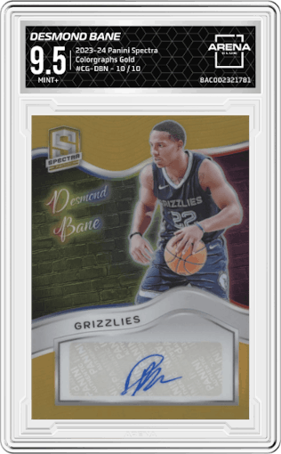 Desmond Bane from the 2023-24 Panini Spectra set featuring a Gold parallel graded by Arena Club and given an overall grade of 9.5.