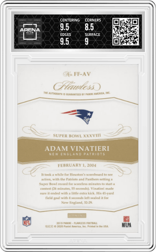 Adam Vinatieri from the 2019 Panini Flawless set featuring a Sapphire parallel graded by Arena Club and given an overall grade of 9.