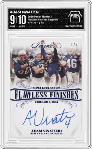 Adam Vinatieri from the 2019 Panini Flawless set featuring a Sapphire parallel graded by Arena Club and given an overall grade of 9.