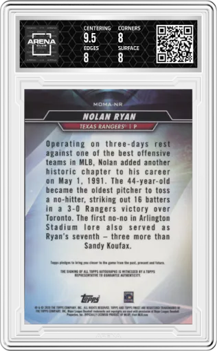 Nolan Ryan from the 2020 Topps Finest set graded by Arena Club and given an overall grade of 8.5.