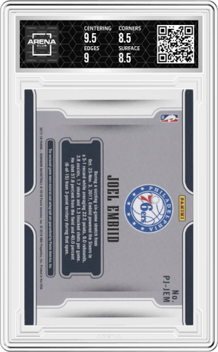 Joel Embiid from the 2017-18 Panini Dominion set featuring a Bronze parallel graded by Arena Club and given an overall grade of 9.