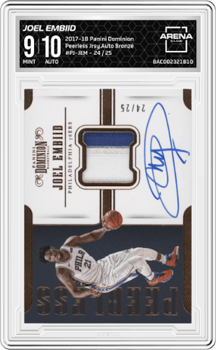 Joel Embiid from the 2017-18 Panini Dominion set featuring a Bronze parallel graded by Arena Club and given an overall grade of 9.