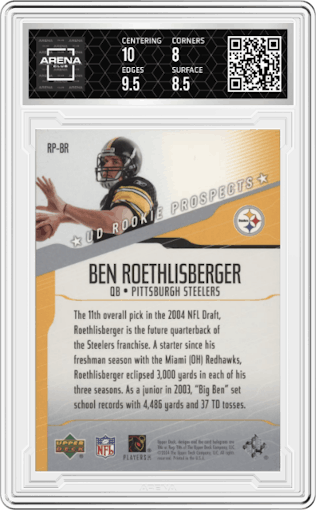Ben Roethlisberger from the 2004 Upper Deck set graded by Arena Club and given an overall grade of 8.5.