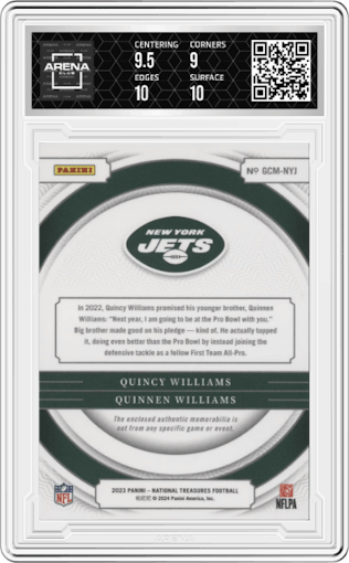 Quincy Williams/Quinnen Williams from the 2023 Panini National Treasures set graded by Arena Club and given an overall grade of 9.5.