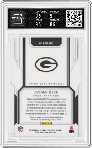Jayden Reed from the 2023 Panini National Treasures set featuring a Gold parallel graded by Arena Club and given an overall grade of 9.5.