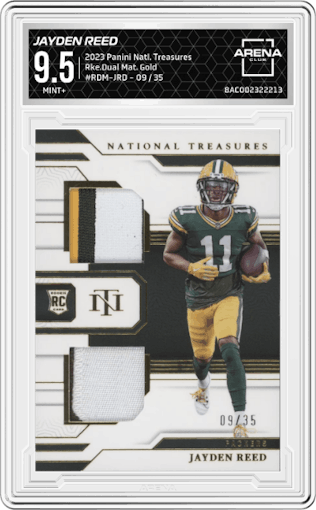 Jayden Reed from the 2023 Panini National Treasures set featuring a Gold parallel graded by Arena Club and given an overall grade of 9.5.