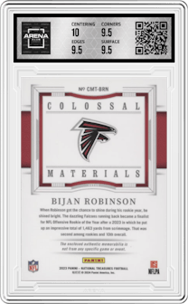 Bijan Robinson from the 2023 Panini National Treasures set graded by Arena Club and given an overall grade of 10.