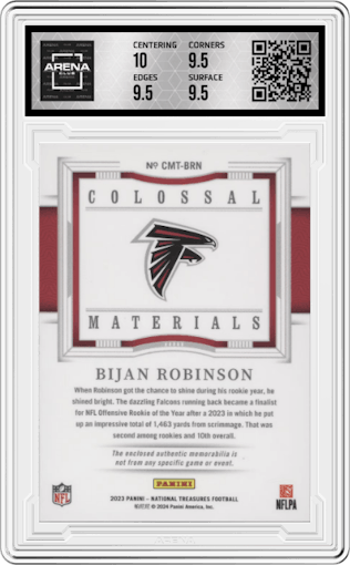 Bijan Robinson from the 2023 Panini National Treasures set graded by Arena Club and given an overall grade of 10.