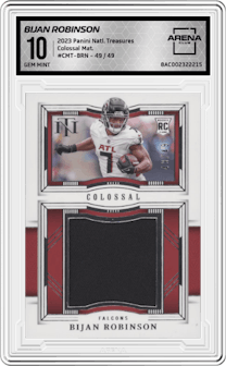 Bijan Robinson from the 2023 Panini National Treasures set graded by Arena Club and given an overall grade of 10.