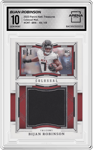 Bijan Robinson from the 2023 Panini National Treasures set graded by Arena Club and given an overall grade of 10.